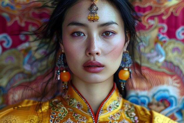 Photo asian model captured in traditional dress with mirrorless camera