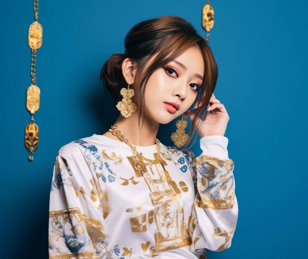 Asian Model in Contemporary Outfit with Vintage Patterned Shirt and gold jewelry on neck and ears