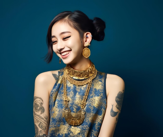 Asian Model with Traditional Jewelry and Modern Tattoos on Blue Backdrop