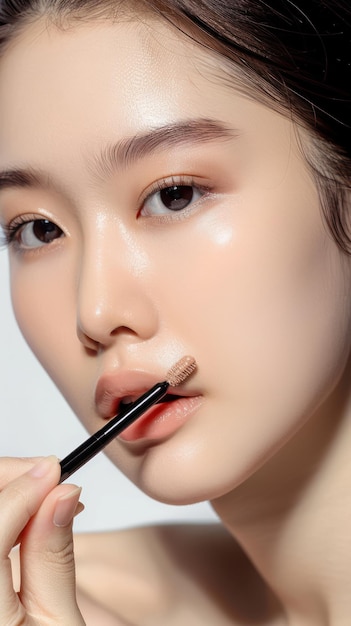 Asian model woman applies bold red lipstick with fingers in beauty studio Closeup shot of face with neutral expression closed eyes Minimal makeup dark hair White background provides contrast