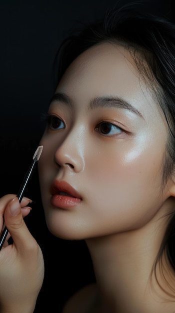 Asian model woman applies makeup with fingers in beauty studio Dark background highlights striking contrast of eye shadow and lipstick Wide open eyes convey surprise or excitement