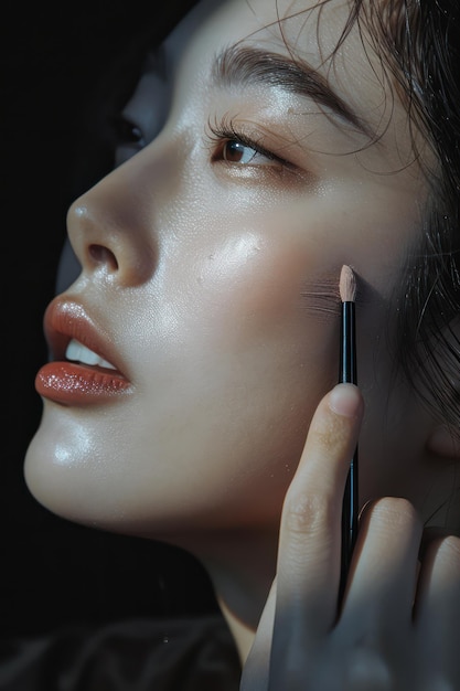 Asian model woman face closeup with red lipstick She applies concealer with fingers in beauty studio promo Dark background with black stripe on white wall