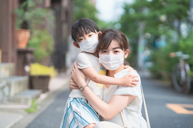 Asian mom and daughter wearing masks