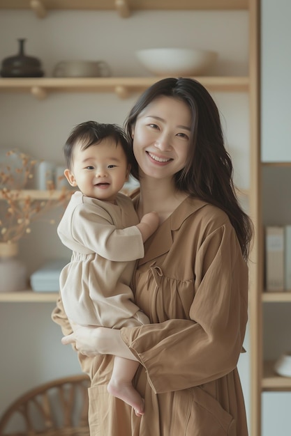 Asian mom taking care of a child in her arms