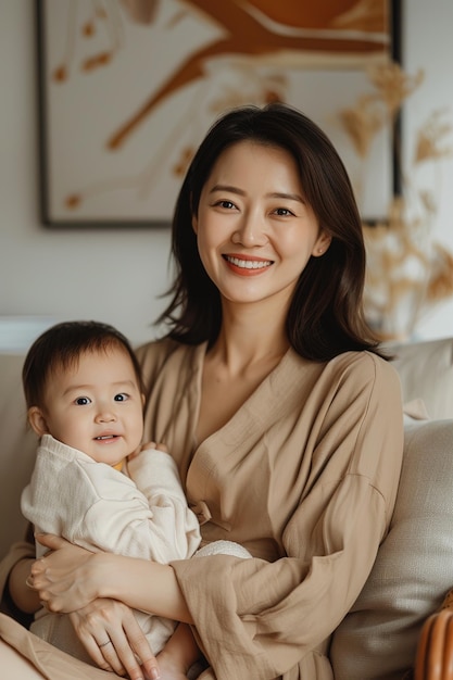 Photo asian mom taking care of a child in her arms