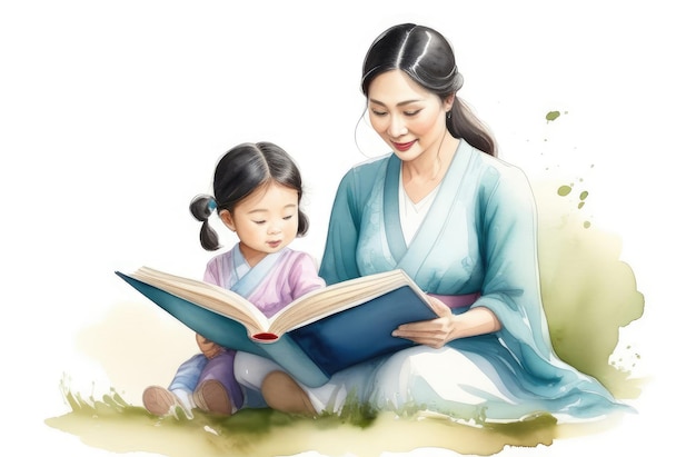 asian mother reading interesting book to daughter storytelling parenting children education