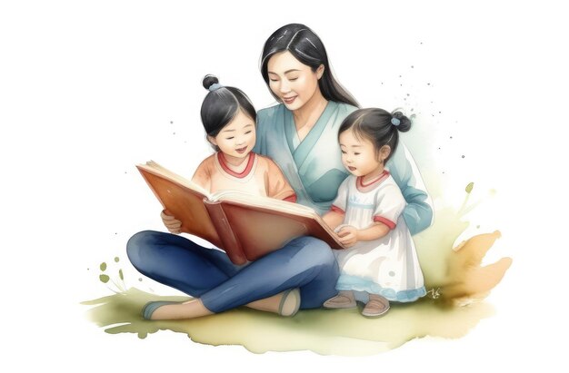 asian mother reading interesting book to her daughters storytelling parenting children education