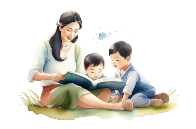 asian mother reading interesting book to her little children storytelling parenting education