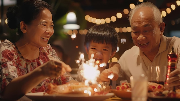 Asian multi generation grandparent grandchild happiness joyful dinner together at homeholidays celeb