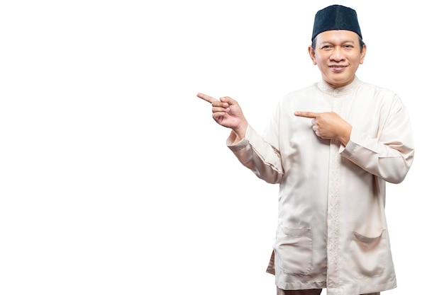 Asian Muslim man pointing something