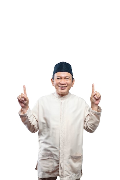 Asian Muslim man pointing something