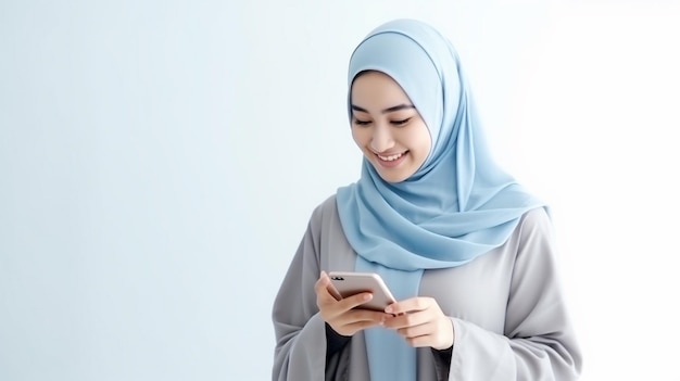 asian muslim woman in blue hijab using a smartphone