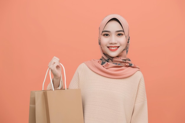 Asian Muslim woman celebrates World Consumer Rights Day with shopping bags