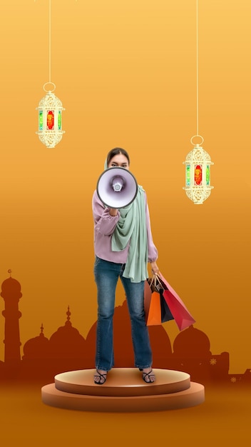 Asian Muslim woman in a headscarf holding a megaphone and shopping bags