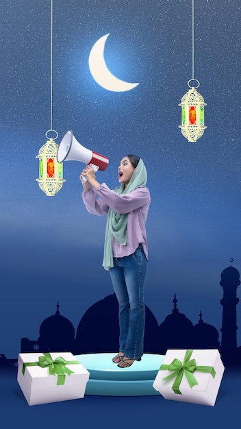 Asian Muslim woman in a headscarf holding a megaphone