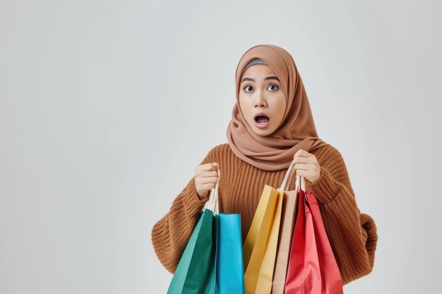 Asian Muslim woman in hijab with shopping bags and surprised expression