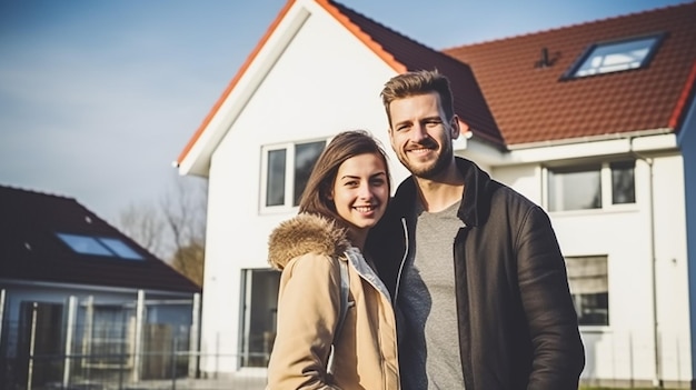 Asian new married couple hold pregnancy tummy standing in front of home Husband and young pregnant