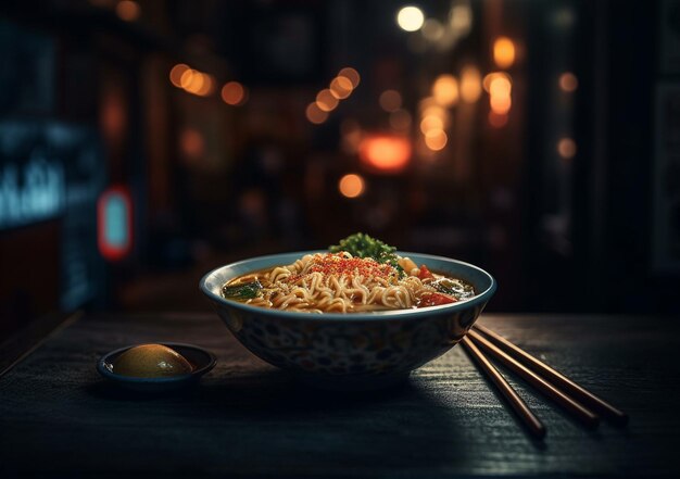 Asian noodle soup ramen with chicken tofu vegetables and egg in black bowl Slate background AI Generated