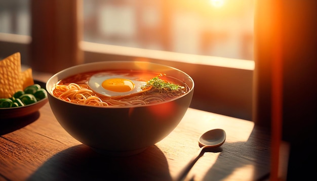 Asian noodle soup ramen with chicken tofu vegetables and egg in white bowl at cafe generative ai