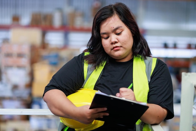 Asian obese female warehouse worker in safety vest and hardhat helmet in warehouse factory industrial product in cardboard boxes on shelves Plus size female inspecting products while working