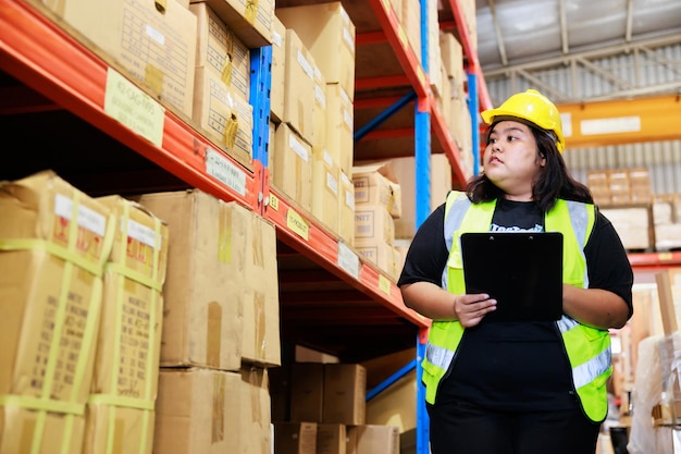 Asian obese female warehouse worker in safety vest and hardhat helmet in warehouse factory industrial product in cardboard boxes on shelves Plus size female inspecting products while working