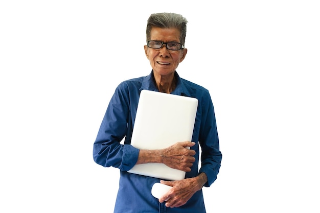 Asian old man holding a laptop smiling in a white background