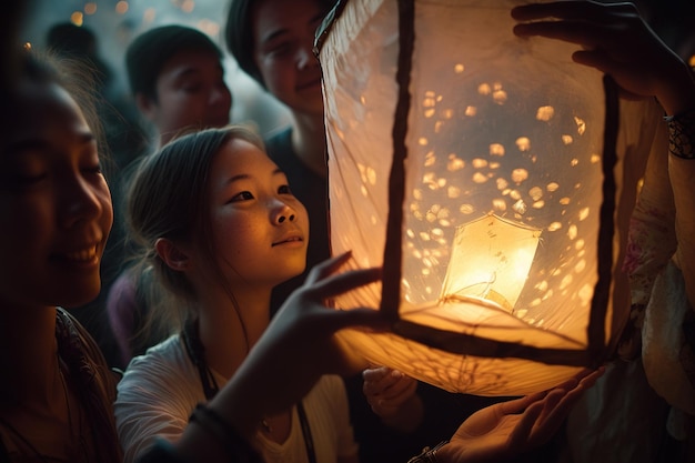 Asian people launch flying paper lanterns during a traditional festival at night Ai generated