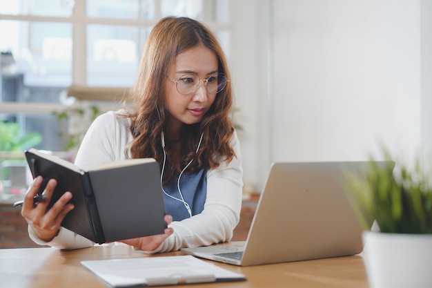 Asian people study online course via internet from laptop computer