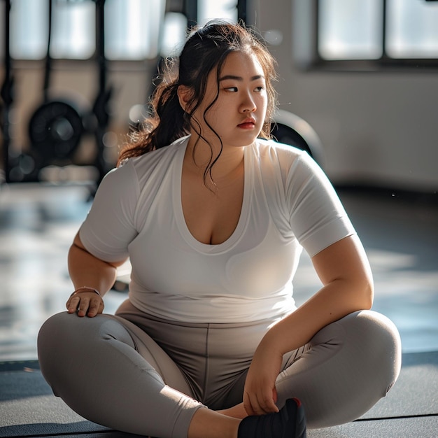 Photo asian plus size woman in yoga pants empowering gym photography