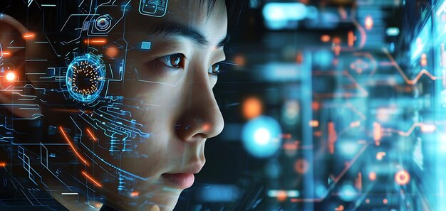 Asian Professional Engaged with AI Technology at Computer