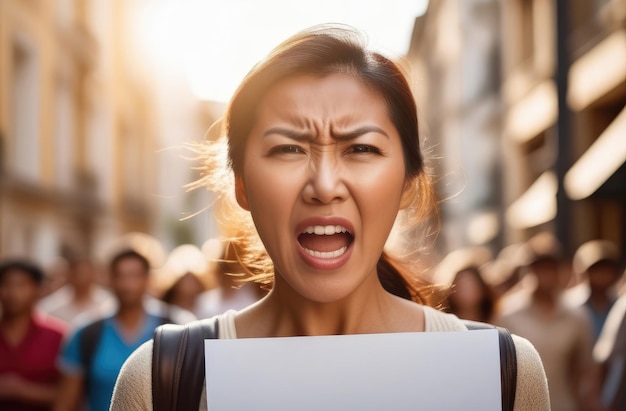 asian protester screaming with blank poster female activist protesting against rights violation