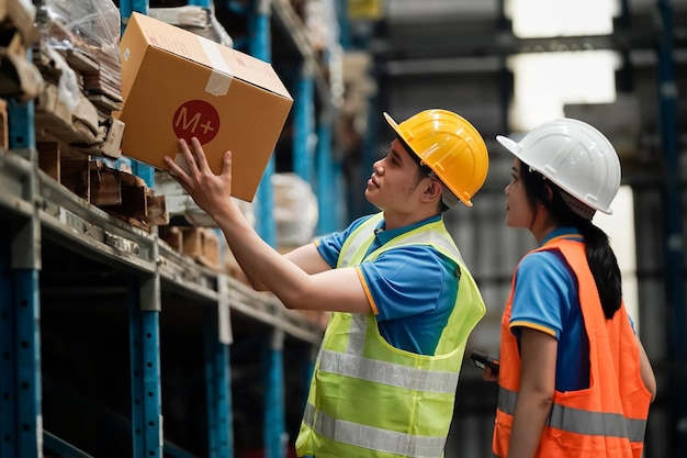 Asian salesman Tim check stock in warehouse with tablet and barcode scanner business idea