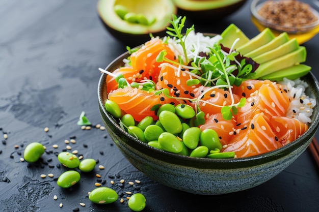 Asian salmon poke bowl with soy beans rice avocado