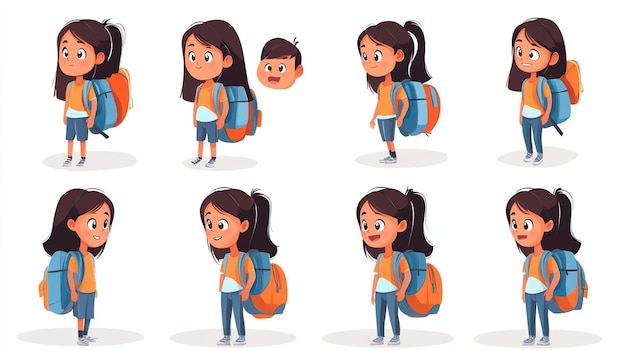 Asian School Girl with Backpack Expressing Emotions Set