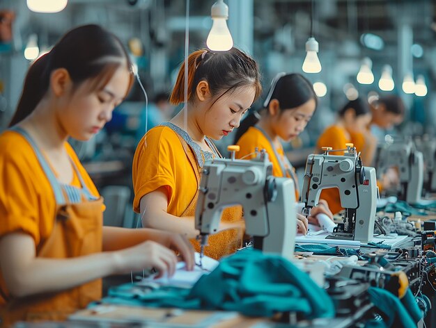 Asian seamstresses group in a textile factory sewing with industrial sewing machines seamstresses