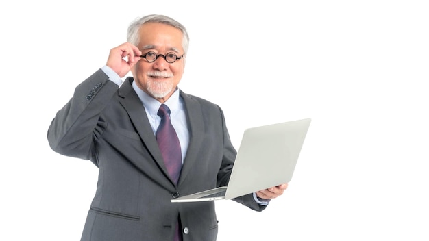 Asian senior businessman senior man old man wear glasses using laptop computer smiling feel happy isolated on white background concept for senior business success