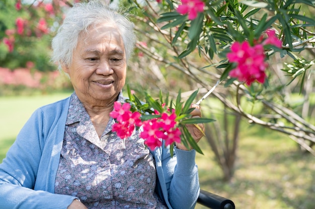 Asian senior or elderly old lady woman holding red flower smile and happy in the sunny garden