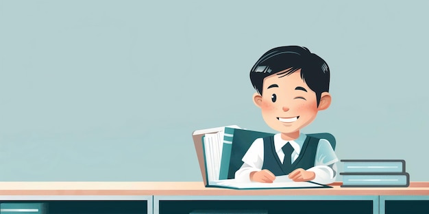 Asian seven year old boy sits at desk wearing black vest white shirt focused on studying books