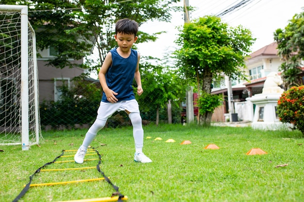 Asian soccer kids prepare for trainning football.