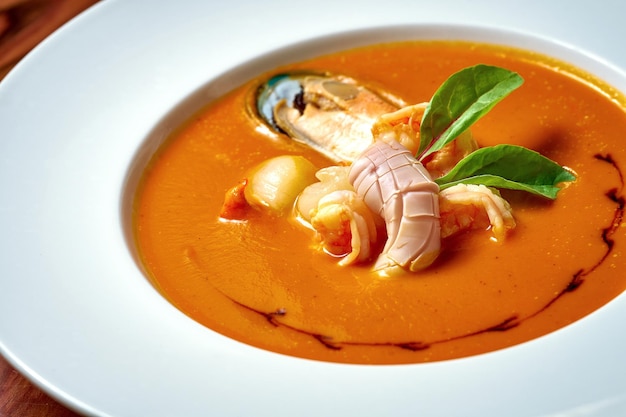 Asian soup tom yam with shrimps and chicken in a white plate on a wooden background