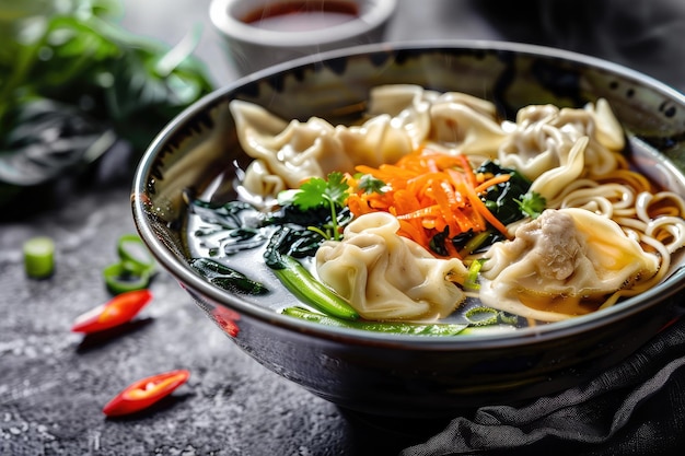 Asian Soup with Egg Noodles Pork Wontons and Vegetables