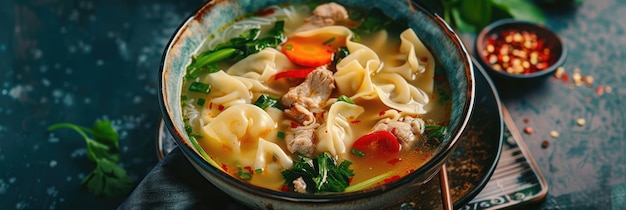 Asian Soup with Egg Noodles Pork Wontons and Vegetables