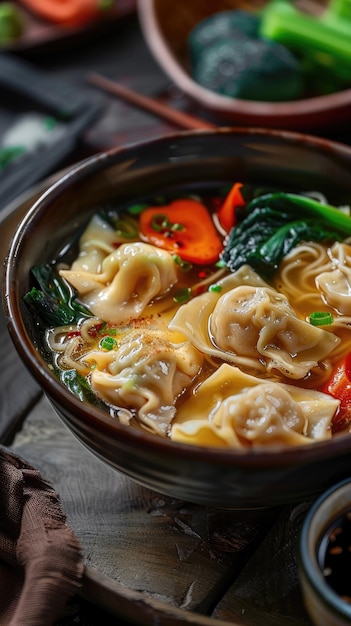 Asian Soup with Egg Noodles Pork Wontons and Vegetables