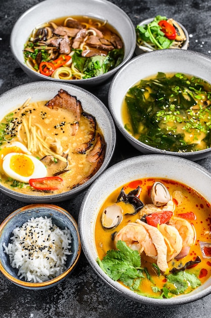 Asian soups, Miso, Ramen, Tom Yam, Pho Bo.