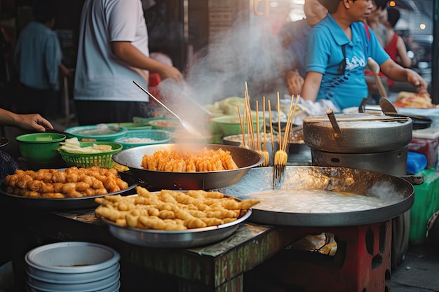 Asian street food Traditional oriental dishes at street market Generative AI