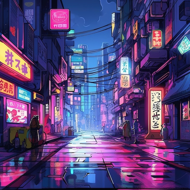 Asian street at night illustration