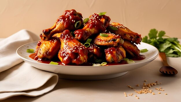 Photo asian style baked chicken wings and dark red tomatoes sauce