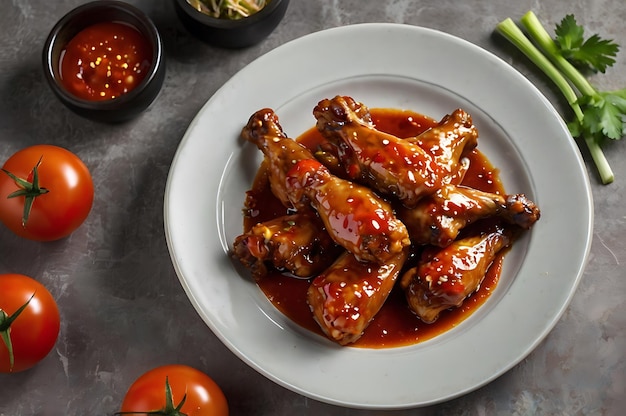 Photo asian style baked chicken wings and dark red tomatoes sauce