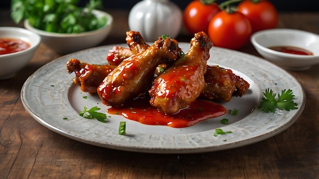 Photo asian style baked chicken wings and dark red tomatoes sauce