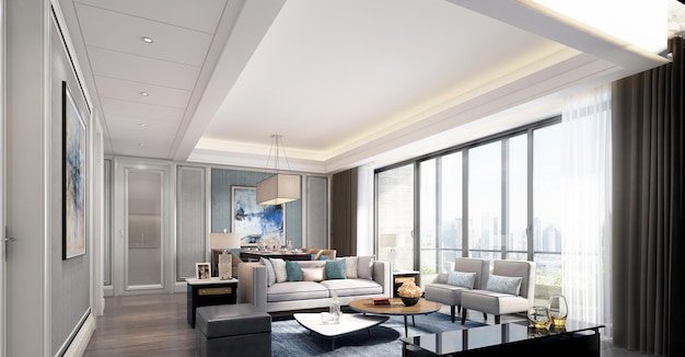 Asian style Modern living room interior design and sofa 3d rendering 3D image Spacious modern living room looking the city through panoramic floortoceiling windows